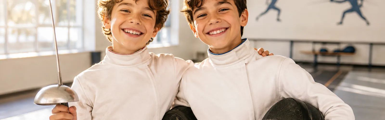 Two smiling children in fencing whites holding foils in a bright club
