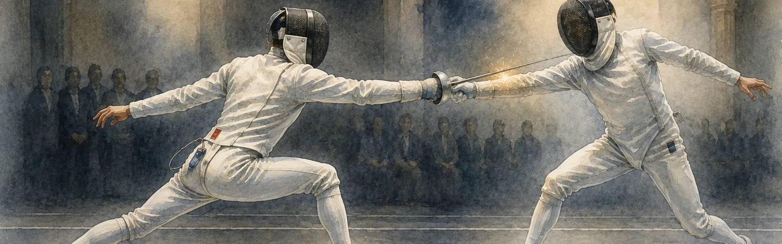 Two epee fencers at full extension as a touch lands
