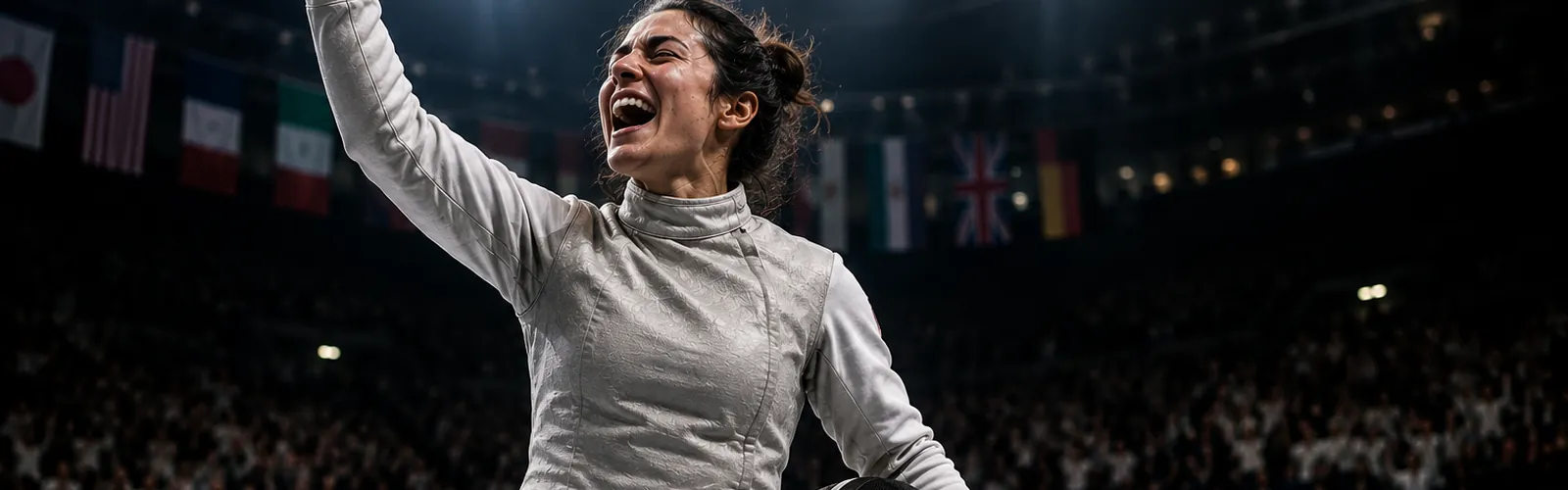 An elite fencer raising an arm in victory under stadium lights