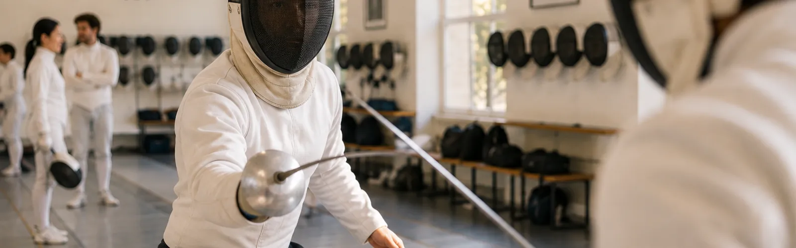 A focused adult beginner in fencing gear during a lesson