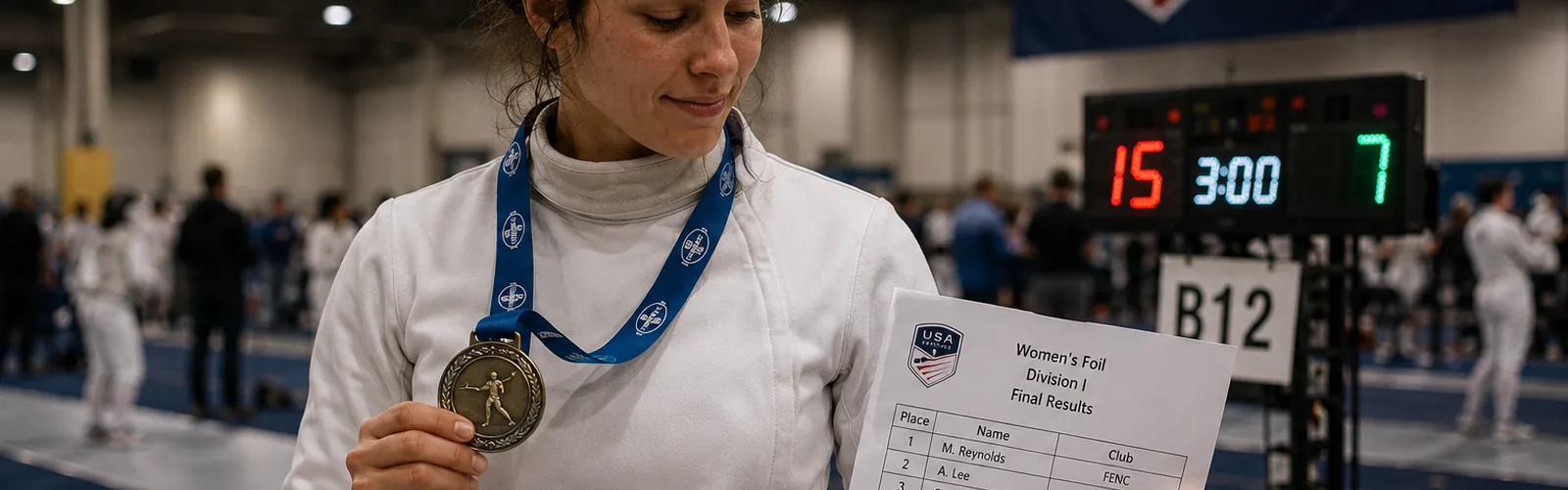 A fencer holding a medal at a tournament