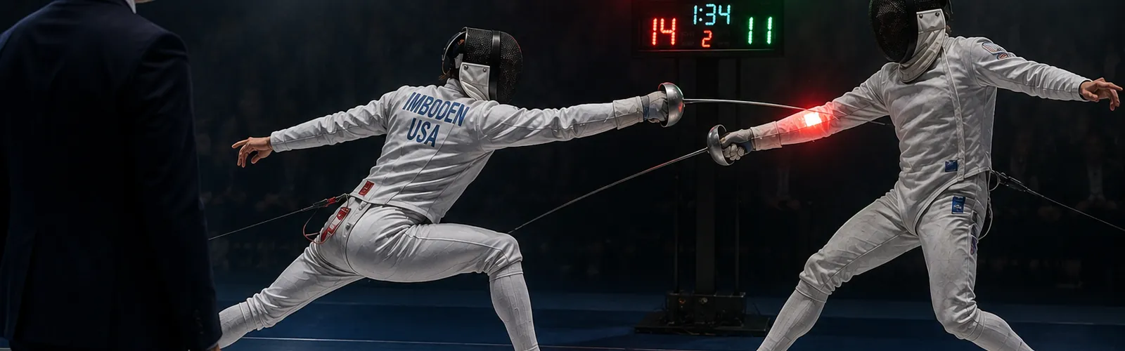 Two fencers on a piste with a lit scoring box and a referee