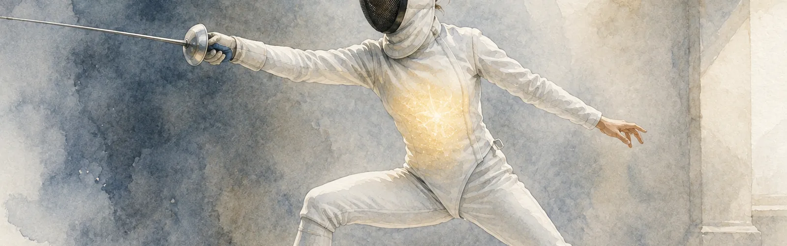A foil fencer in whites in an elegant classical pose