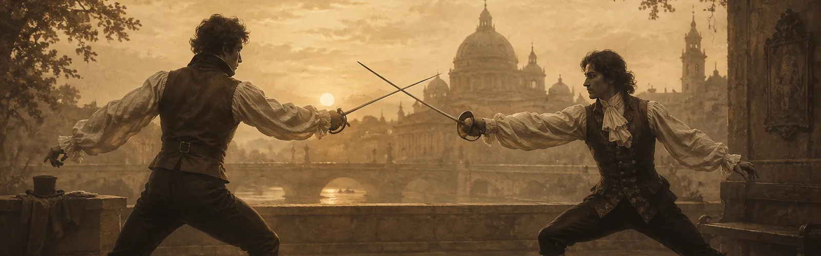A classical old-world duel at dawn, vintage tone