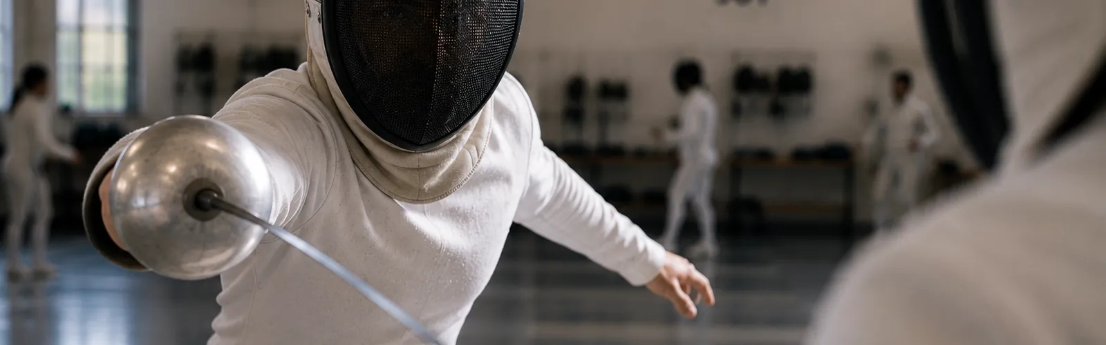 A fencer in intense concentration mid-bout