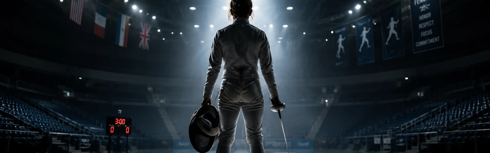A lone fencer silhouetted under dramatic arena lights