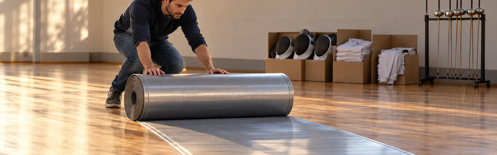 A founder unrolling a fencing strip in an empty rented hall stacked with new gear