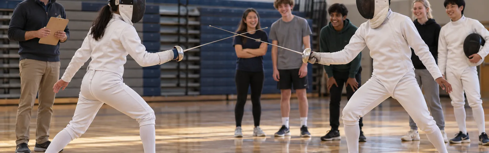 High school students trying fencing for the first time in a school gym