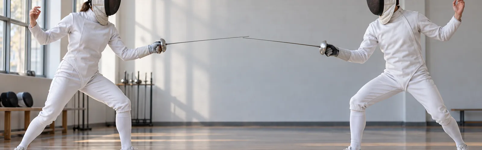 A left-handed fencer facing a right-handed opponent on the strip
