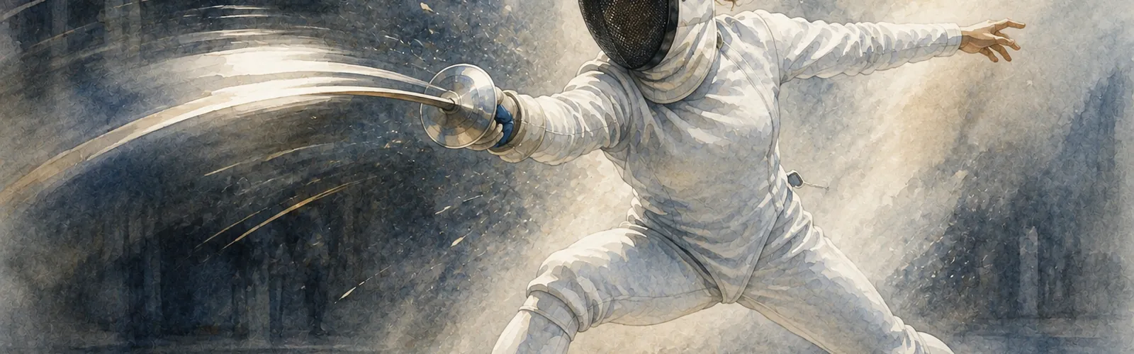 A sabre fencer mid-slash with dynamic motion