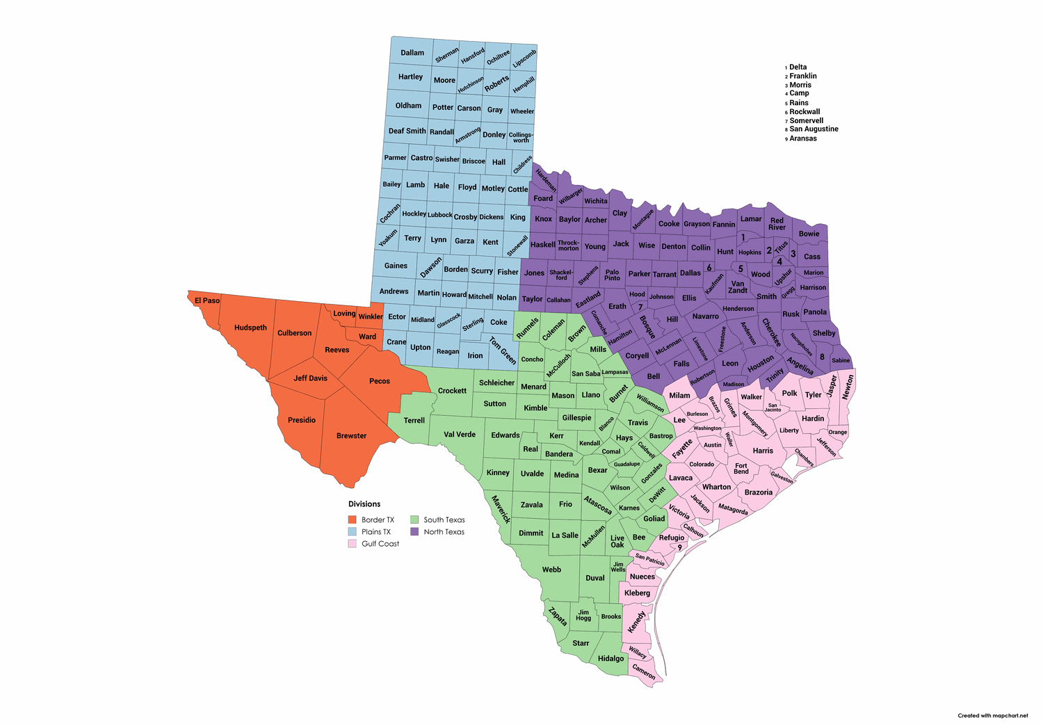 County map of the five USA Fencing divisions in Texas: Gulf Coast, South Texas, North Texas, Plains TX and Border TX